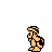 Pixel art animation of a tan turtle-like character with black shell segments, holding and throwing black-and-white mushrooms against gray background.