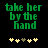 Green pixelated text 'take her by the hand' on black background with five yellow and brown star icons below, two versions showing different star positions.
