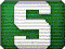 Static pixel art of a stylized letter M with horizontal stripes, set against a green textured background.