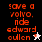 A pixelated image with orange text reading 'save a volvo; ride edward cullen' on black, gray, and white backgrounds featuring two distinct star-shaped figures.
