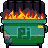 Pixelated green dumpster with 'RJ' text, open lid emitting orange-yellow flames and dark smoke against gray background.