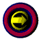 A 5-frame animated contact sheet showing a rotating circular icon with concentric rings and a yellow arrow symbol at its center, displayed on a gray background.