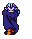 Pixel art character with blue striped headpiece, purple cape, and orange-brown limbs in three distinct poses against gray background.