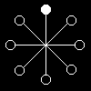 A black-and-white animated icon with eight radial arms, each ending in a circle that alternates between hollow and filled states across frames.