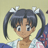 Pixelated anime-style character with dark blue pigtails and white hair ties on left, black background with pixelated text on right.