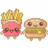 Pixelated cartoon food characters with pink and brown faces holding hands, surrounded by text phrases on a white background.
