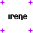 Pixelated black text 'Irene' appears in four positions on a white background with scattered purple plus signs, some of which change size and position across frames.