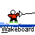 Pixelated character in red jacket and green pants performs wakeboarding actions on gray background with blue water strip.