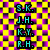 Pixelated cyan text initials on black blocks over a yellow and purple checkered background.