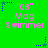 '08 Mag Swimmer' text in pink pixelated font on bright green background with blue and teal star-shaped motion effects.