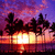 Animated tropical sunset scene with palm trees silhouetted against a gradient sky transitioning from purple to orange, reflecting on water.