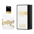 Two side-by-side product images: a bottle with black cap and gold accents, and a rectangular box with gold text and black side panel.