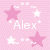 Pixelated pink background with white and light pink stars surrounding the name 'Alex' in white text.
