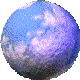 Four circular blue-purple spheres with white cloud-like patterns arranged in a on a gray background