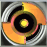 Six circular frames show a rotating segmented ring with orange, yellow, and green sections around a central yellow dot, transitioning through black, brown, and red backgrounds.