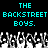 Pixelated cyan text reads "THE BACKSTREET BOYS." on black background with grayscale crowd silhouettes below.
