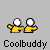 Two side-by-side animated frames of a yellow stick figure buddy icon with white circular heads, displayed on a gray background.