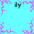 Pixelated cyan background with pink branching patterns and black text 'ily' at four corners, transitioning to a central starburst pattern.