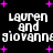 Black background with white pixelated text 'lauren and giovanni' repeated in two , surrounded by pink plus signs. Animation shifts text positions slightly between frames