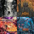 A static pixelated image divided into four quadrants with distinct color palettes and abstract patterns.