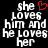 Pixelated text reads 'she loves him and he loves her' with a red heart symbol replacing the letter O in 'loves', displayed on black background.