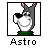 Pixelated cartoon icon of a gray donkey character with pink inner ears, white face and chest, black mane, green base, and the text "Astro" below it in pixel font.