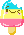 Pixel art of a smiling ice cream cone with blue, yellow, and pink layers, a yellow stick, and a white drip on a gray background.