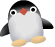 Pixelated penguin with black head, white body, orange beak, and yellow feet stands against gray background.