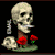 Animated contact sheet of a 3x3 grid showing sequential frames of a skeleton buddy icon with roses and changing mouth props against black background.
