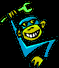 Animated cartoon monkey with yellow face and blue body holding green wrench, smiling widely against black background.