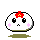 A 4-frame pixel art animation of a round white character with pink cheeks, black eyes, and red flower accessory in various expressions and poses on a gray background.