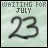 Light green background with pixelated text 'WAITING FOR JULY' above large blurred number '23', two versions show small gray heart symbol in bottom-right corner.