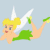Pixelated cartoon fairy character in green dress with white wings flying across light blue background, displayed as 3x2 contact sheet of six animation frames showing sequential movement and text variations.