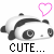Pixelated panda head with large eyes and black-and-white fur, two pink heart symbols above it, 'CUTE...' text below.
