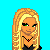 Pixel art contact sheet showing multiple frames of a blonde female character in various poses with text overlays and props on a bright blue background.