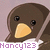 Pixelated close-up of a brown bird-like creature with large black eyes and a yellow beak, set against a light purple background with purple text at the bottom.