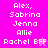 Pixelated text list on pink background with animated pink star-like shapes near 'Rachel BFF' in