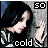 A static image of a person with dark hair and red lips, wearing a gray and white striped hoodie, with text elements '50' and 'cold' displayed.