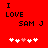 Red background with black pixelated text "I LOVE SAM J" and five white/pink heart icons below, where the third heart is pink in one frame and white in another.