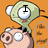 Pixelated cartoon character with green head and pig-like body on orange background, text changes across frames.