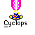 Pixelated medal icon with blue and yellow base, pink or red top section, underlined text "Cyclops" on gray background.