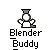 Pixelated character with gray top and white body, arms outstretched, under text "Blender_Buddy" on gray background.