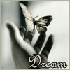 A grayscale image shows a hand with fingers extended upward, a butterfly perched on the index finger, and the word 'Dream' in stylized text at the bottom.