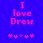 Blue background with pink pixelated text reading "I love Drew" and five star-like symbols below, where the third symbol shifts from purple to pink between frames.