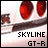 Pixelated image of a vehicle with red taillights and dark body, featuring 'SKYLINE GT-R' text in blocky font at bottom.