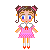 Pixel art doll avatar in pink dress with white collar and red bow, brown hair in pigtails with pink bows, blue eyes, red shoes, white socks, gray background.