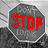 Two side-by-side octagonal stop sign icons with red text on gray backgrounds, one showing a horizontal line above the text.