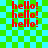Red 'hello!' text repeated three times vertically on a green and cyan checkered background with faint lines