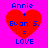 Four identical pixelated red hearts on a bright pink background, each containing blue text reading "Annie + Evan S. = LOVE" in a retro digital style.