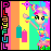 Pixelated character with rainbow hair and green eyes holds a yellow object, standing before vertical stripes of pink, orange, yellow, cyan, and purple.